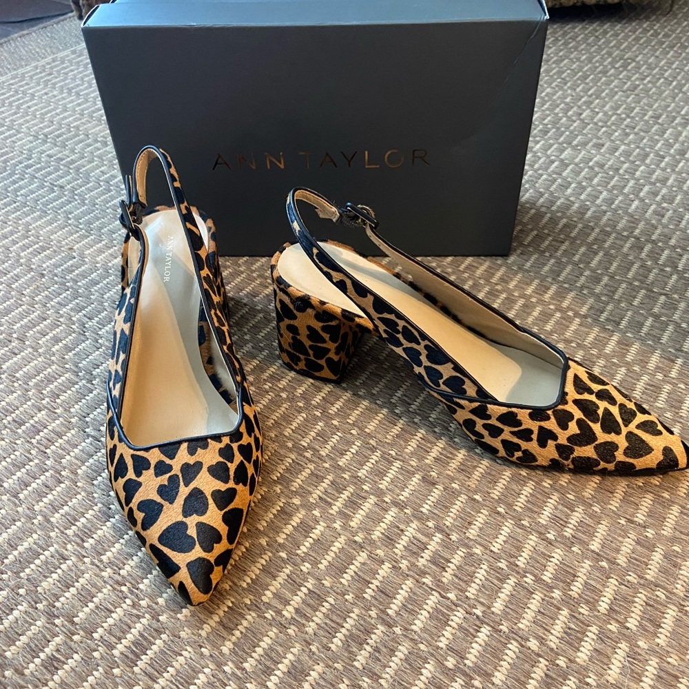 Ann Taylor hair calf block heel sling back pumps